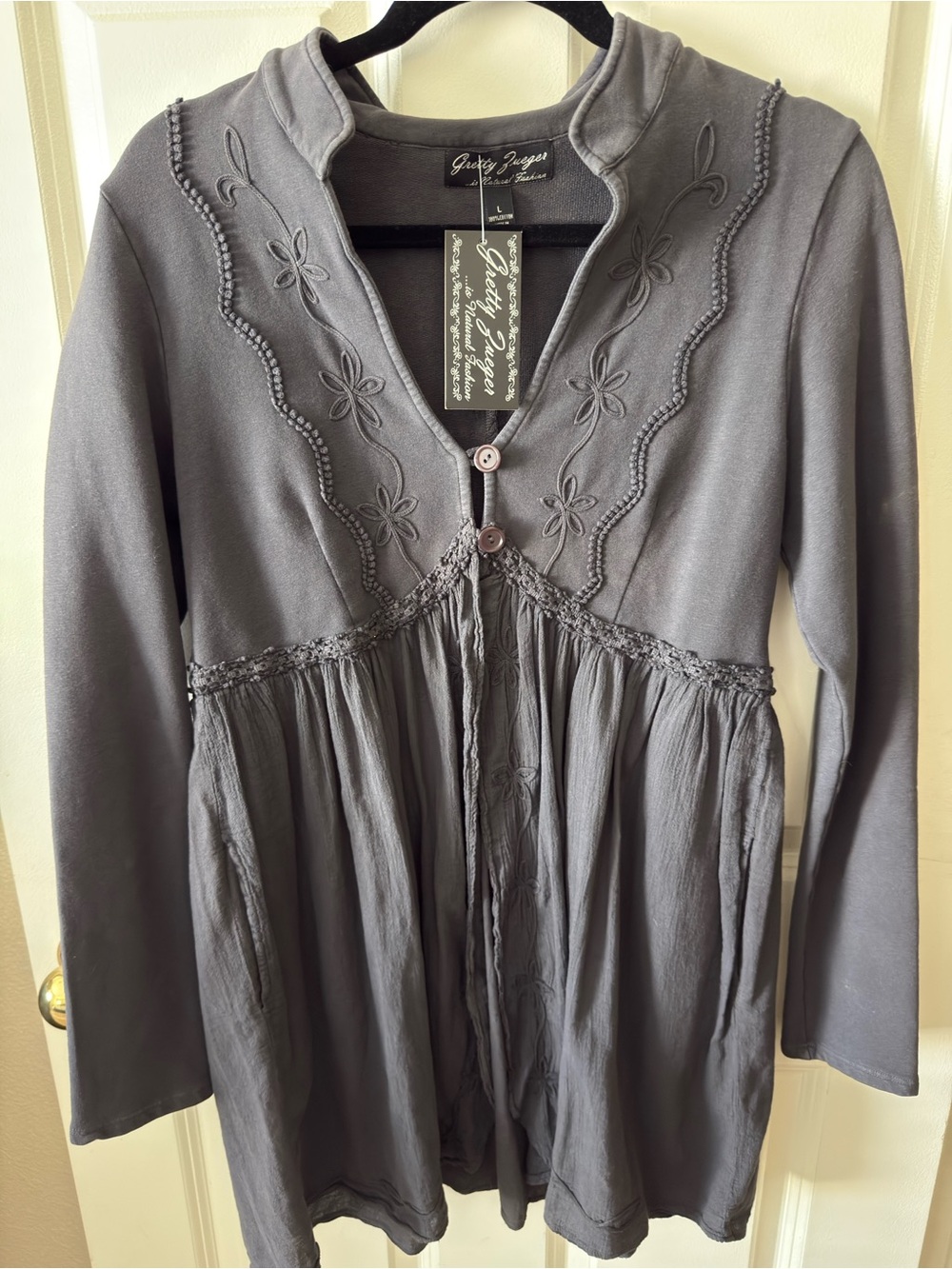 Gretty Zueger Gray Embroidered Button Front Light Weight Tunic